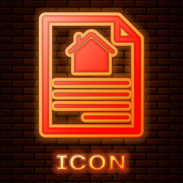 Gloeiende neon House contract icoon geïsoleerd op bakstenen muur achtergrond. Contract creatie dienst, document vorming, aanvraagformulier samenstelling. Vector Illustratie — Stockvector
