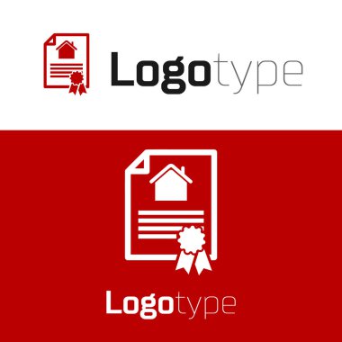 Red House 'un sözleşme ikonu beyaz arka planda izole edildi. Sözleşme oluşturma hizmeti, belge oluşumu, başvuru formu bileşimi. Logo tasarım şablonu elemanı. Vektör İllüstrasyonu