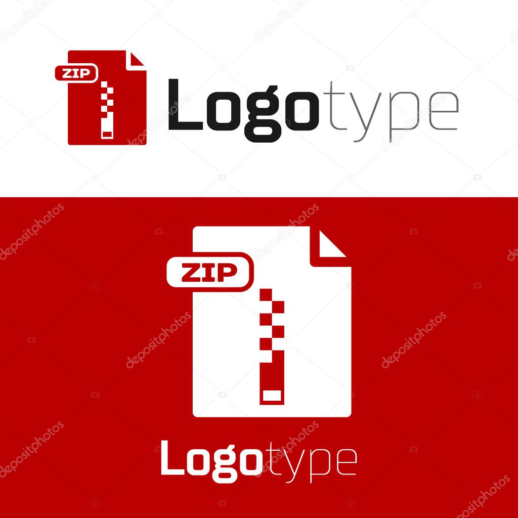 Red ZIP file document. Download zip button icon isolated on white background. ZIP file symbol. Logo design template element. Vector Illustration