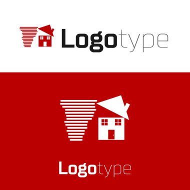 Kırmızı Tornado girdabı beyaz arka planda izole edilmiş çatı simgesine zarar verir. Kasırga, kasırga, fırtına bacası, kasırga rüzgar ikonu. Logo tasarım şablonu elemanı. Vektör İllüstrasyonu