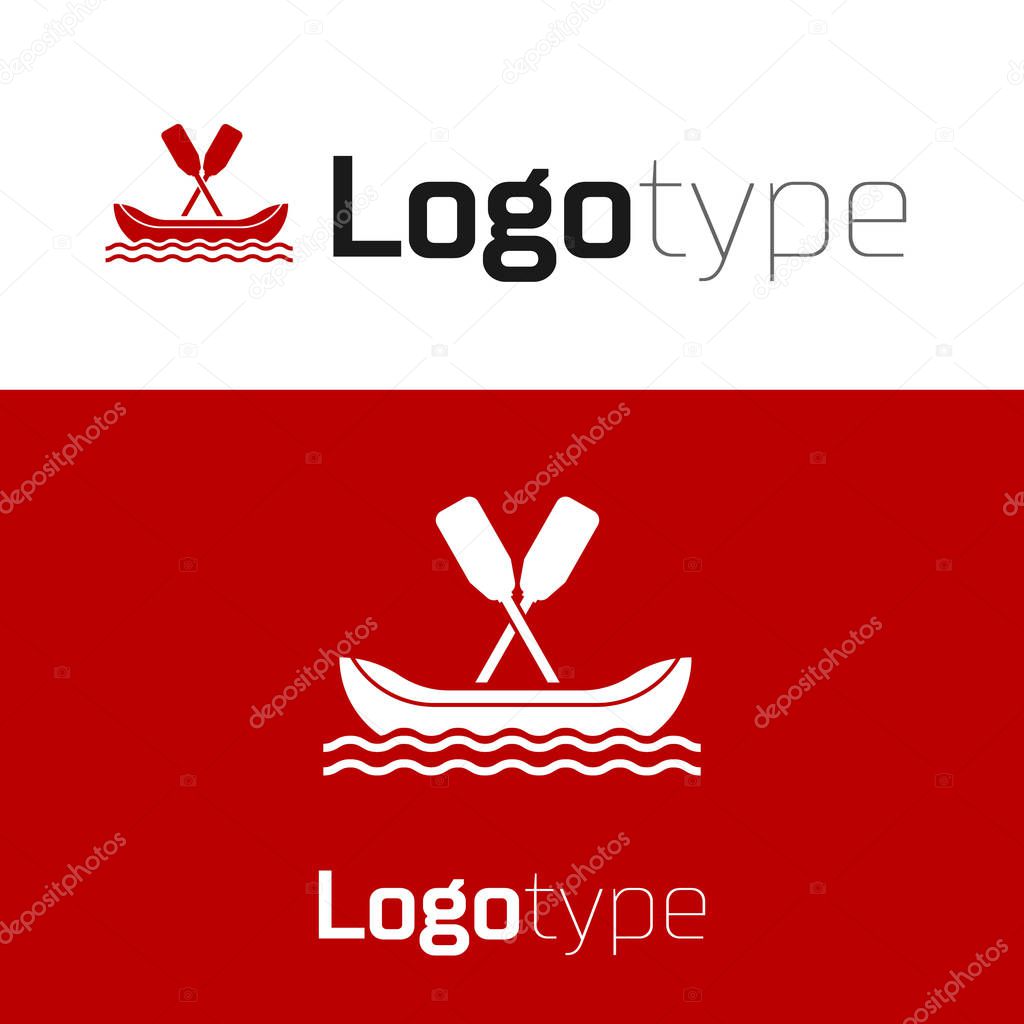 Red Rafting boat icon isolated on white background. Kayak with paddles. Water sports, extreme sports, holiday, vacation, team building. Logo design template element. Vector Illustration