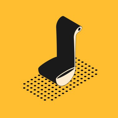 Isometric Kitchen kepçe simgesi sarı arka planda izole edildi. Mutfak aletleri. Çatal kaşık tabelası. Vektör İllüstrasyonu