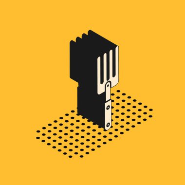 Sarı arkaplanda izole edilmiş Isometric Bahçe çatal ikonu. Pitchfork ikonu. Bahçecilik, tarım, çiftçilik aleti. Vektör İllüstrasyonu