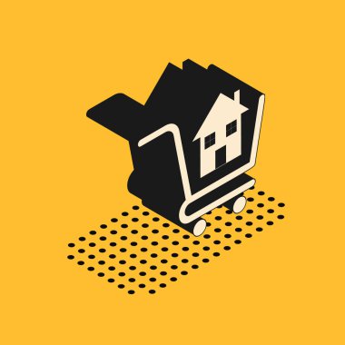 Sarı arka planda ev ikonu olan Isometric alışveriş arabası. Ev konsepti al. Ev kredisi konsepti, kira, mülk satın alma. Vektör İllüstrasyonu