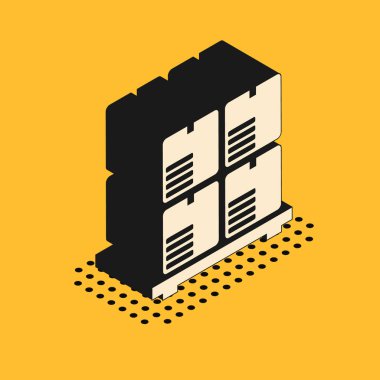 Sarı arkaplanda izole edilmiş palet simgesi üzerindeki Isome karton kutular. Kırılgan işaretli kapalı karton teslimat kutusu. Vektör İllüstrasyonu