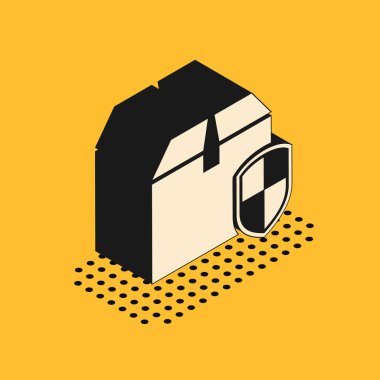 Sarı arka planda izole edilmiş kalkan simgesi olan Isometric Teslimat paketi güvenlik sembolü. Teslimat sigortası. Kalkanın ötesinde sigorta kutuları var. Vektör İllüstrasyonu