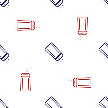 Mavi ve kırmızı tuz ve biber ikonu beyaz arka planda izole edilmiş kusursuz desen. Yemek pişirme baharatları. Vektör İllüstrasyonu