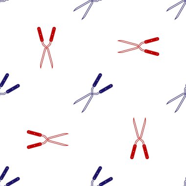 Beyaz arkaplandaki izole edilmiş ikonu budamak için mavi ve kırmızı bahçe makasları. Ahşap saplı budama makası. Vektör İllüstrasyonu