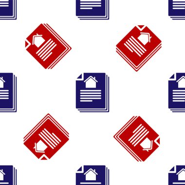 Mavi ve kırmızı ev sözleşme ikonu beyaz arka planda kusursuz desen izole etti. Sözleşme oluşturma hizmeti, belge oluşumu, başvuru formu bileşimi. Vektör İllüstrasyonu