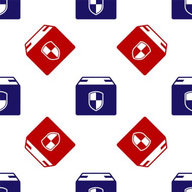 Mavi ve kırmızı teslimat paketi güvenlik sembolü, beyaz arka planda izole edilmiş ikon, kusursuz desen. Teslimat sigortası. Kalkanın ötesinde sigorta kutuları var. Vektör İllüstrasyonu