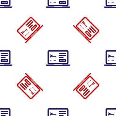 Mavi ve kırmızı Online otel rezervasyon ikonu beyaz arka planda izole edilmiş pürüzsüz desen. Dizüstü bilgisayar için online dizayn konsepti. Vektör İllüstrasyonu