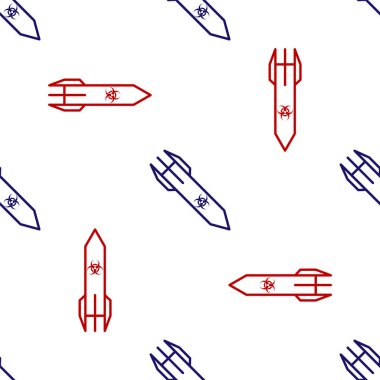 Mavi ve kırmızı Biyolojik Tehlike roket ikonu beyaz arka planda izole edilmiş kusursuz desen. Roket bombası düşüyor. Vektör İllüstrasyonu