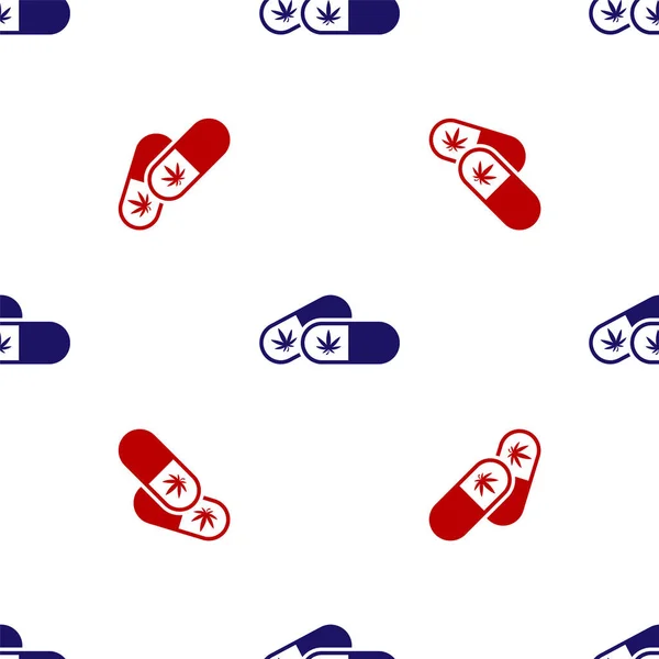Pillole mediche blu e rosse con icona di foglie di marijuana o cannabis isolate senza soluzione di continuità su sfondo bianco. Falsificazione di estratti di olio di cannabis in barattoli. Illustrazione vettoriale — Vettoriale Stock
