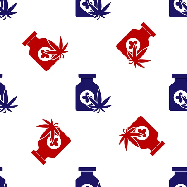 マリファナや大麻の葉のアイコンを持つ青と赤の医療用ボトルは、白い背景にシームレスなパターンを隔離しました。瓶の中の大麻油抽出物のモックアップ。ベクターイラスト — ストックベクタ