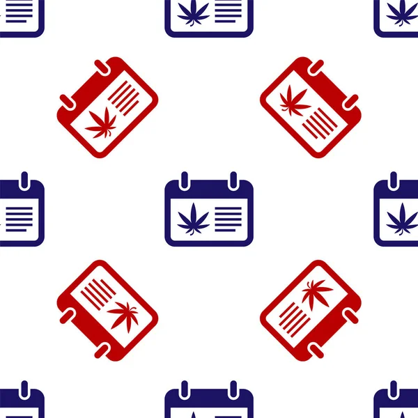 Blå och röd kalender och marijuana eller cannabis blad ikon isolerade sömlösa mönster på vit bakgrund. Nationell ogräsdag. Hampa symbol. Vektor Illustration — Stock vektor