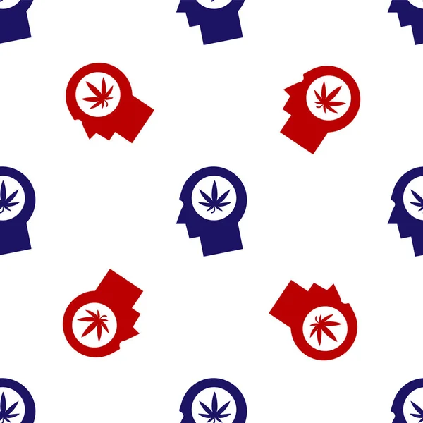 Marihuana ya da kenevir yaprağı ikonu ile profildeki erkek kafasının mavi ve kırmızı silueti beyaz arka planda izole edilmiş. Marihuanayı yasallaştırma. Kenevir sembolü. Vektör İllüstrasyonu — Stok Vektör