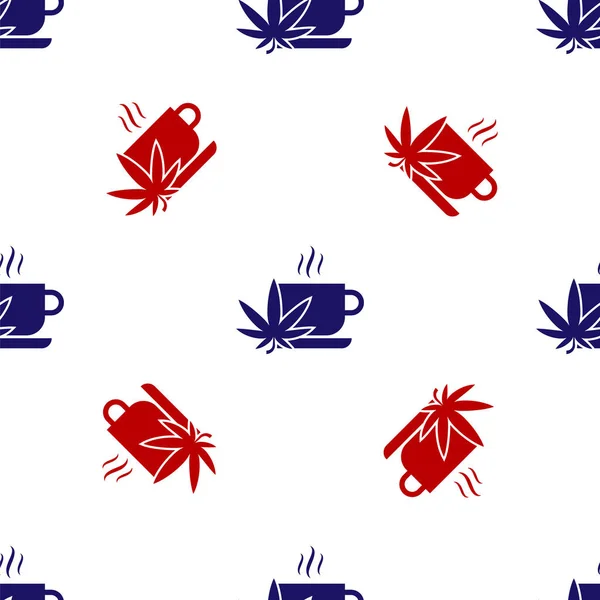 Thé de tasse bleu et rouge avec l'icône de la marijuana ou de la feuille de cannabis isolé motif sans couture sur fond blanc. Légalisation de la marijuana. Symbole de chanvre. Illustration vectorielle — Image vectorielle