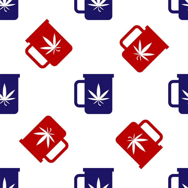 Thé de tasse bleu et rouge avec l'icône de la marijuana ou de la feuille de cannabis isolé motif sans couture sur fond blanc. Légalisation de la marijuana. Symbole de chanvre. Illustration vectorielle — Image vectorielle