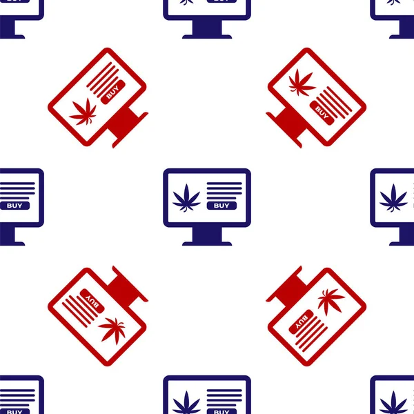 파란색, 빨간색 컴퓨터 모니터와 의학용 마리화나, 대마초 잎 아이콘은 흰 배경에 솔기없는 패턴을 분리 했다. 온라인 구매 심볼. 슈퍼마켓 바구니. 벡터 일러스트 — 스톡 벡터