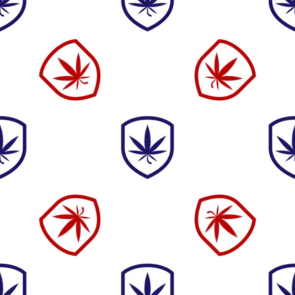 Bouclier bleu et rouge et icône de feuille de marijuana ou de cannabis isolé motif sans couture sur fond blanc. Légalisation de la marijuana. Symbole de chanvre. Illustration vectorielle — Image vectorielle