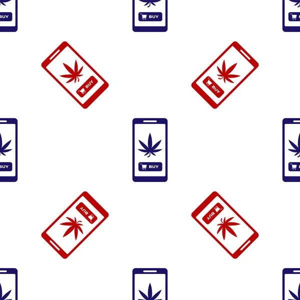 Bleu et rouge Téléphone portable et marijuana médicale ou icône de feuille de cannabis isolé motif sans couture sur fond blanc. symbole d'achat en ligne. Panier de supermarché. Illustration vectorielle — Image vectorielle