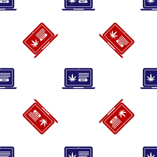 Azul y rojo Laptop y marihuana medicinal o icono de la hoja de cannabis aislado patrón sin costuras sobre fondo blanco. Símbolo de compra online. Cesta del supermercado. Ilustración vectorial — Vector de stock