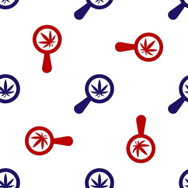 Bleu et rouge Verre grossissant et marijuana médicale ou icône de feuille de cannabis isolé motif sans couture sur fond blanc. Symbole de chanvre. Illustration vectorielle — Image vectorielle