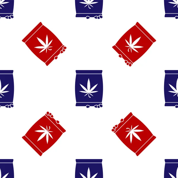 Blauwe en rode marijuana of cannabis zaden in een zak icoon geïsoleerd naadloos patroon op witte achtergrond. Hennep symbool. Het proces van marihuana planten. Vector Illustratie — Stockvector