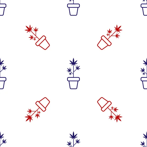 Biru dan merah mariyuana Medis atau tanaman ganja di ikon pot Terisolasi pola mulus pada latar belakang putih. Marijuana tumbuh konsep. Hemp pot tanaman. Ilustrasi Vektor - Stok Vektor