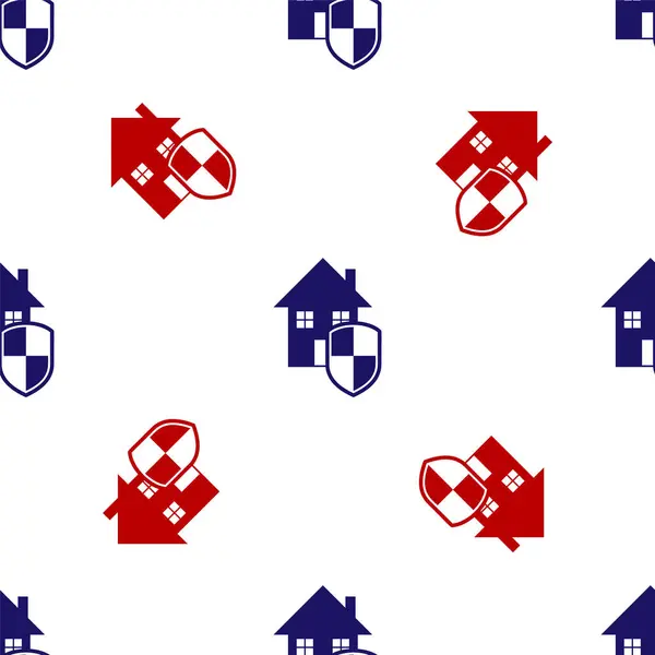 보호 아이콘으로 지정 된 파란색 과 빨간색 하우스는 흰 배경에 솔기없는 패턴을 분리 했습니다. 집 과 방패. 보호, 안전, 보안, 보호, 방어 개념. 벡터 일러스트 — 스톡 벡터