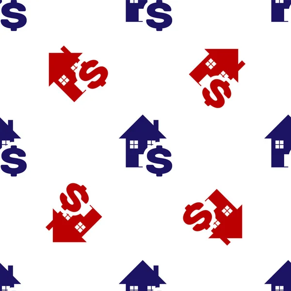Casa azul e vermelho com ícone símbolo dólar isolado padrão sem costura no fundo branco. Casa e dinheiro. Conceito imobiliário. Ilustração vetorial — Vetor de Stock