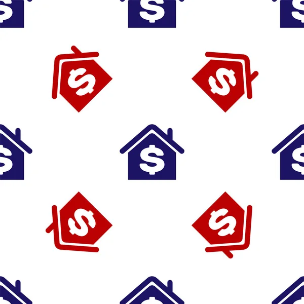Blå och rött hus med dollar symbol ikon isolerad sömlös mönster på vit bakgrund. Hem och pengar. Fastighetskoncept. Vektor Illustration — Stock vektor