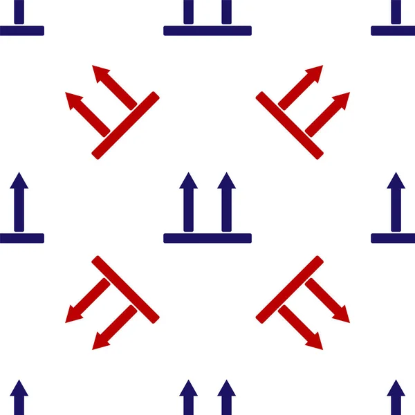 Blau und rot diese Seite oben Symbol isoliert nahtlose Muster auf weißem Hintergrund. zwei Pfeile, die die Oberseite der Verpackung kennzeichnen. Fracht umgeschlagen, so dass diese Pfeile immer nach oben zeigen. Vektorillustration — Stockvektor
