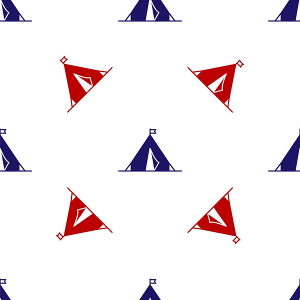 Blå och röd Turisttält med flagga ikon isolerad sömlös mönster på vit bakgrund. Campingsymbol. Vektor Illustration — Stock vektor