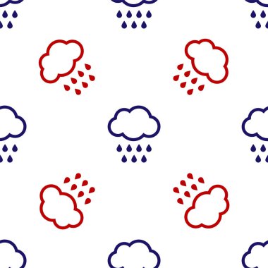 Mavi ve kırmızı bulutlu yağmur ikonu beyaz arka planda izole edilmiş pürüzsüz desen. Yağmur damlaları ile yağmur bulutu yağışı. Vektör İllüstrasyonu