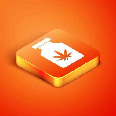 Turuncu arka planda marihuana ya da kenevir yaprağı ikonu olan Isometric Tıbbi şişe. Kavanozlardaki kenevir yağı özlerini taklit et. Vektör İllüstrasyonu