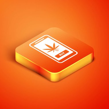 Isometric cep telefonu ve tıbbi marihuana veya turuncu arka planda izole edilmiş kenevir yaprağı ikonu. İnternetten satın alma sembolü. Süpermarket sepeti. Vektör İllüstrasyonu