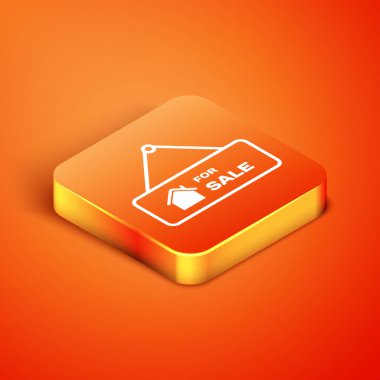 Turuncu arkaplanda satılık simgesi yazılı Isometric Asılma tabelası. Satılık mesajlı pano. Vektör İllüstrasyonu