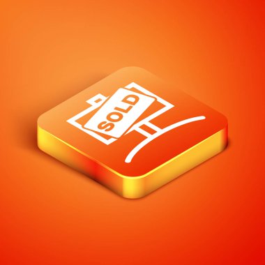 Turuncu arka planda izole edilmiş metin ikonu satılan Isometric Asılma işareti. Çıkartma satıldı. Tabela satıldı. Vektör İllüstrasyonu