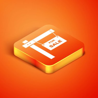 Turuncu arkaplanda satılık simgesi yazılı Isometric Asılma tabelası. Satılık mesajlı pano. Vektör İllüstrasyonu