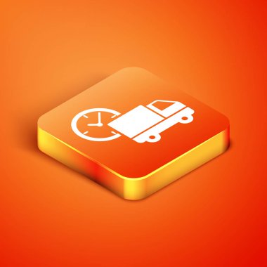 Isome lojistik dağıtım kamyonu ve saat simgesi turuncu arka planda izole edildi. Teslimat zamanı ikonu. Vektör İllüstrasyonu