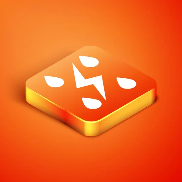 Isometric Storm icon isolated on orange background. Drop and lightning sign. Weather icon of storm. Vector Illustration — ストックベクタ