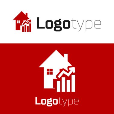 Konut simgesinin yükselen kırmızı maliyeti beyaz arkaplanda izole edildi. Gayrimenkul fiyatları yükseliyor. Konut grafiği artıyor. Logo tasarım şablonu elemanı. Vektör İllüstrasyonu