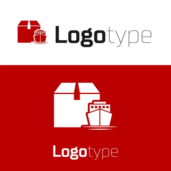 Buque de carga roja con icono de servicio de entrega de cajas aislado sobre fondo blanco. Entrega, transporte. Carguero con paquetes, cajas, mercancías. Elemento de plantilla de diseño de logotipo. Ilustración vectorial — Vector de stock