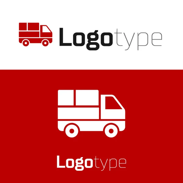 Czerwony samochód dostawczy z kartonowymi pudełkami za ikoną izolowane na białym tle. Element szablonu logo. Ilustracja wektora — Wektor stockowy