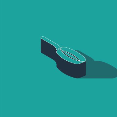 Isometric kızartma tavası simgesi yeşil arka planda izole edildi. Kızartma veya kızartma gıda sembolü. Vektör İllüstrasyonu