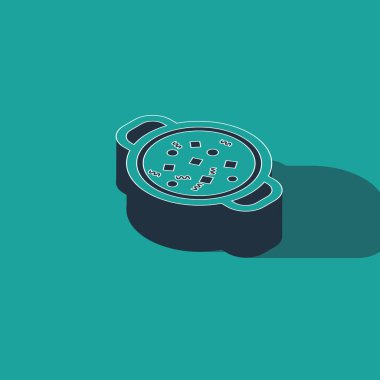 Yeşil arka planda izole edilmiş tencere ikonunda Isometric Çorba Pişirme. Haşlama ya da güveç besin sembolü. Vektör İllüstrasyonu