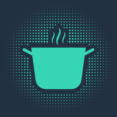 Mavi arka planda yeşil tencere simgesi izole edildi. Haşlama ya da güveç besin sembolü. Soyut çember rastgele noktalar. Vektör İllüstrasyonu
