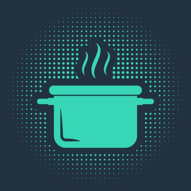 Mavi arka planda yeşil tencere simgesi izole edildi. Haşlama ya da güveç besin sembolü. Soyut çember rastgele noktalar. Vektör İllüstrasyonu
