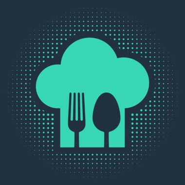 Çatal ve kaşık ikonlu yeşil aşçı şapkası mavi arka planda izole edilmiş. Aşçılık sembolü. Restoran menüsü. Aşçı şapkası. Soyut çember rastgele noktalar. Vektör İllüstrasyonu